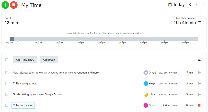 Navigate back to your document right from TMetric main interface just by clicking a small icon near the note title