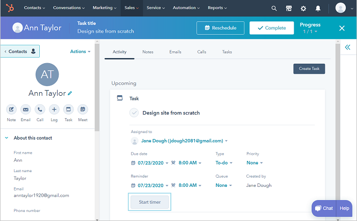 Localiza el botón del temporizador en una tarea de HubSpot